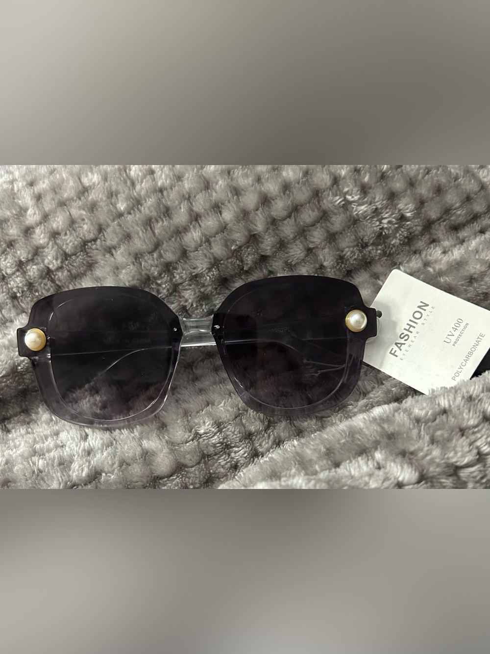 Women’s Oversized Gray Sunglasses with Pearl Accent
